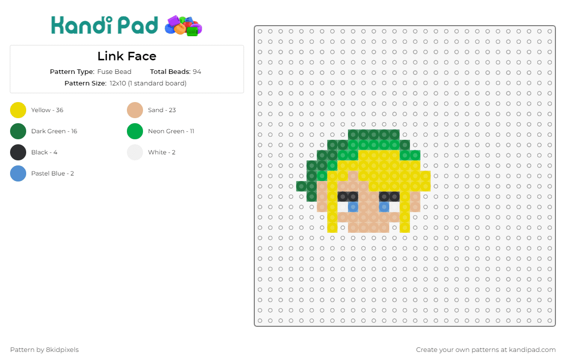 Link Face - Fuse Bead Pattern by 8kidpixels on Kandi Pad - link,legend of zelda,video games