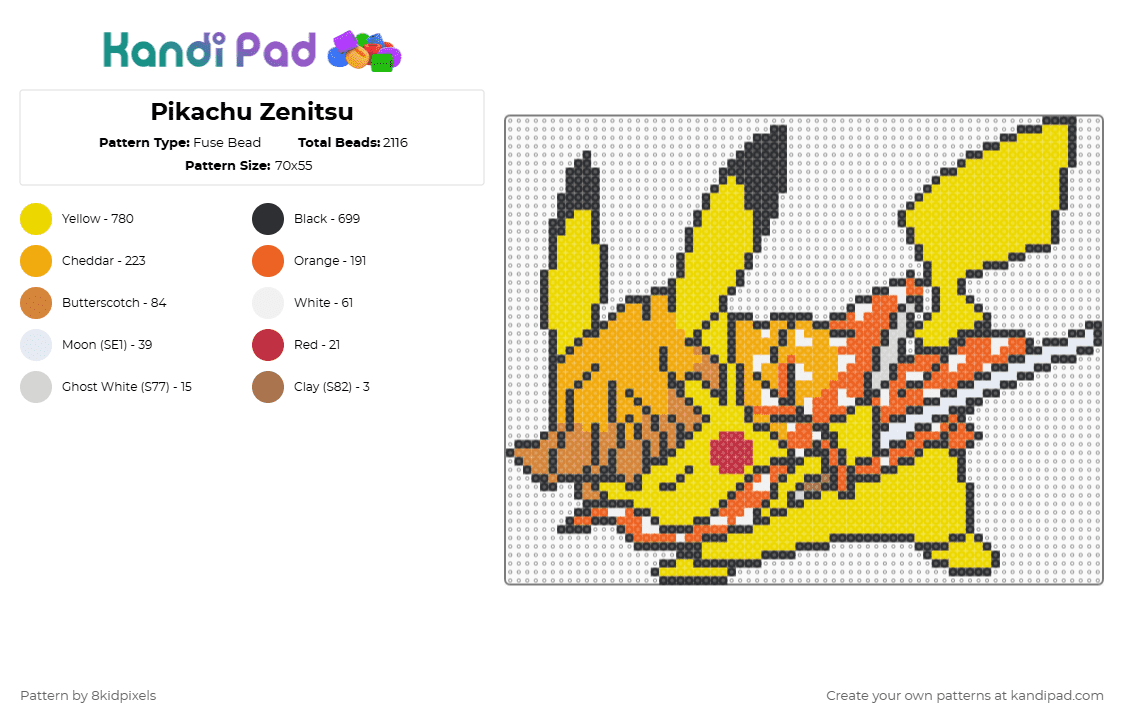 Pikachu Zenitsu - Fuse Bead Pattern by 8kidpixels on Kandi Pad - pikachu,zenitsu,mashup,anime,pokemon,demon slayer,video game,cartoon,gaming,yellow,orange
