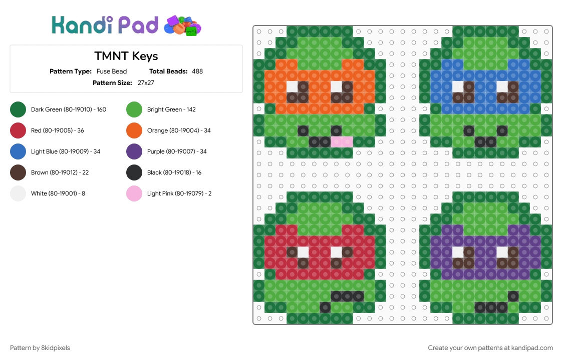 TMNT Keys - Fuse Bead Pattern by 8kidpixels on Kandi Pad - green