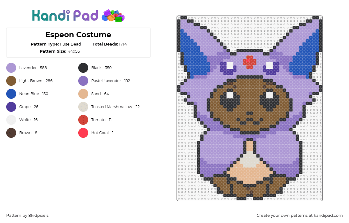 Espeon Costume - Fuse Bead Pattern by 8kidpixels on Kandi Pad - eevee,umbreon,evolution,pokemon,costume,cute,anime,character,brown,purple