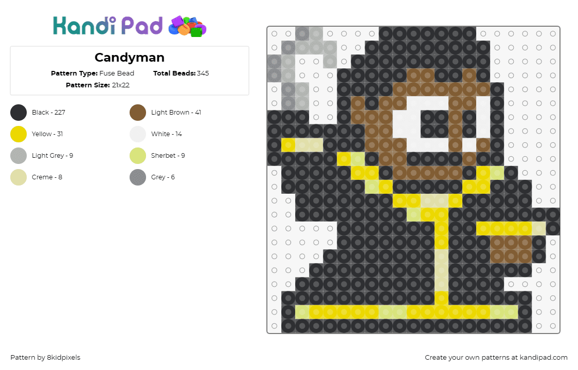 Candyman - Fuse Bead Pattern by 8kidpixels on Kandi Pad - candyman,horror,thrilling,spine-chilling,menacing,character,crafty,black,yellow,