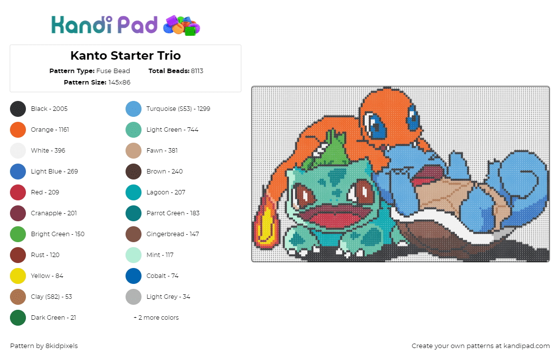 Kanto Starter Trio - Fuse Bead Pattern by 8kidpixels on Kandi Pad - pokemon,starters,characters,cute,squirtle,bulbasaur,charmander,gaming,teal,orange,blue,tan