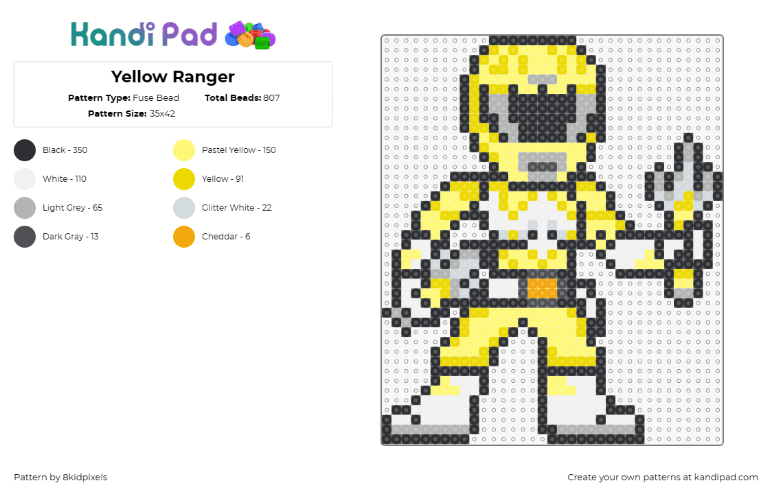 Yellow Ranger - Fuse Bead Pattern by 8kidpixels on Kandi Pad - power rangers,yellow,character,costume,tv show,classic,nostalgia,daggers