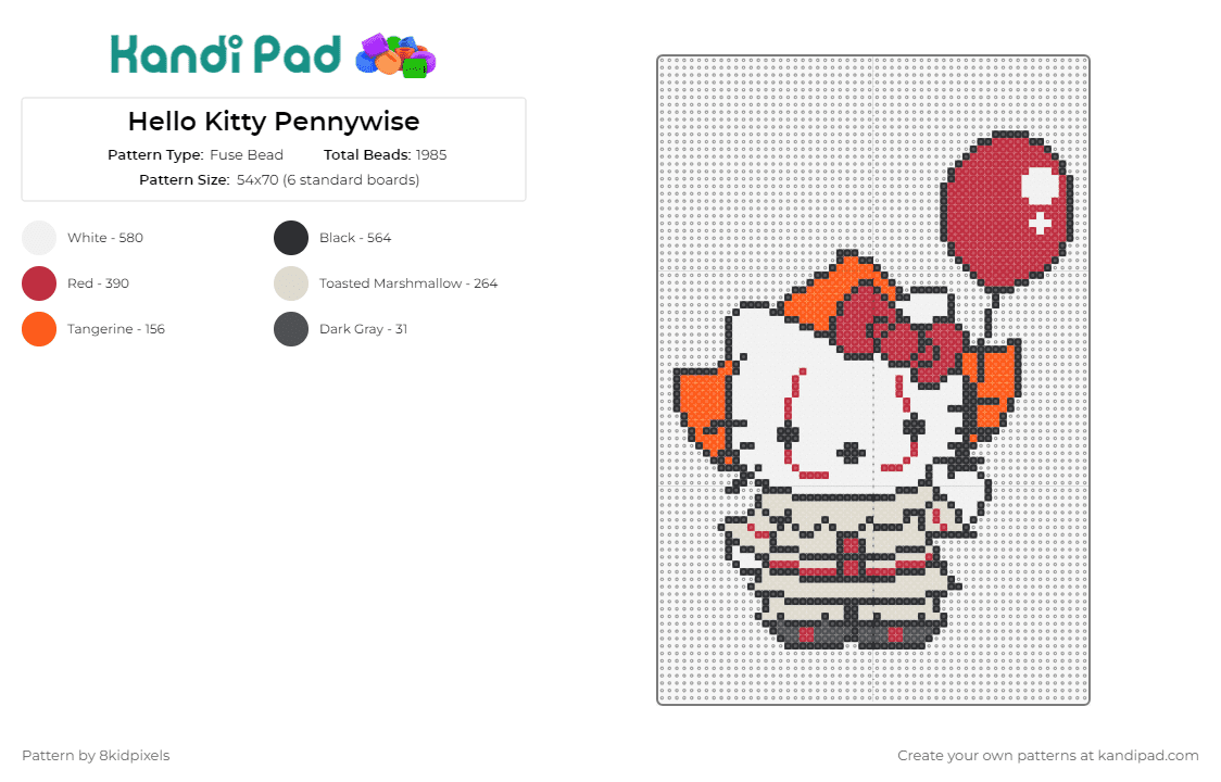 Hello Kitty Pennywise - Fuse Bead Pattern by 8kidpixels on Kandi Pad - hello kitty,pennywise,clown,it,character,mashup,sanrio,horror,halloween,balloon,white,red,beige