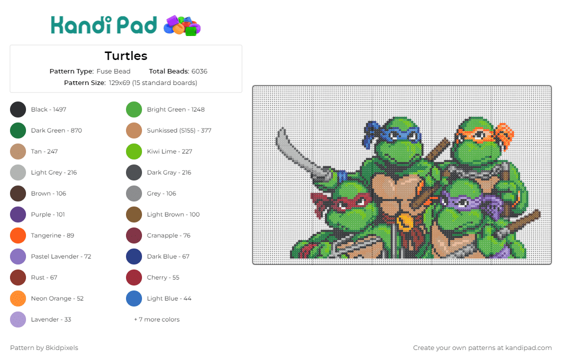 Turtles - Fuse Bead Pattern by 8kidpixels on Kandi Pad - tmnt,teenage mutant ninja turtles,hero,adventure,karate,nostalgic,reptile,team,green,animated