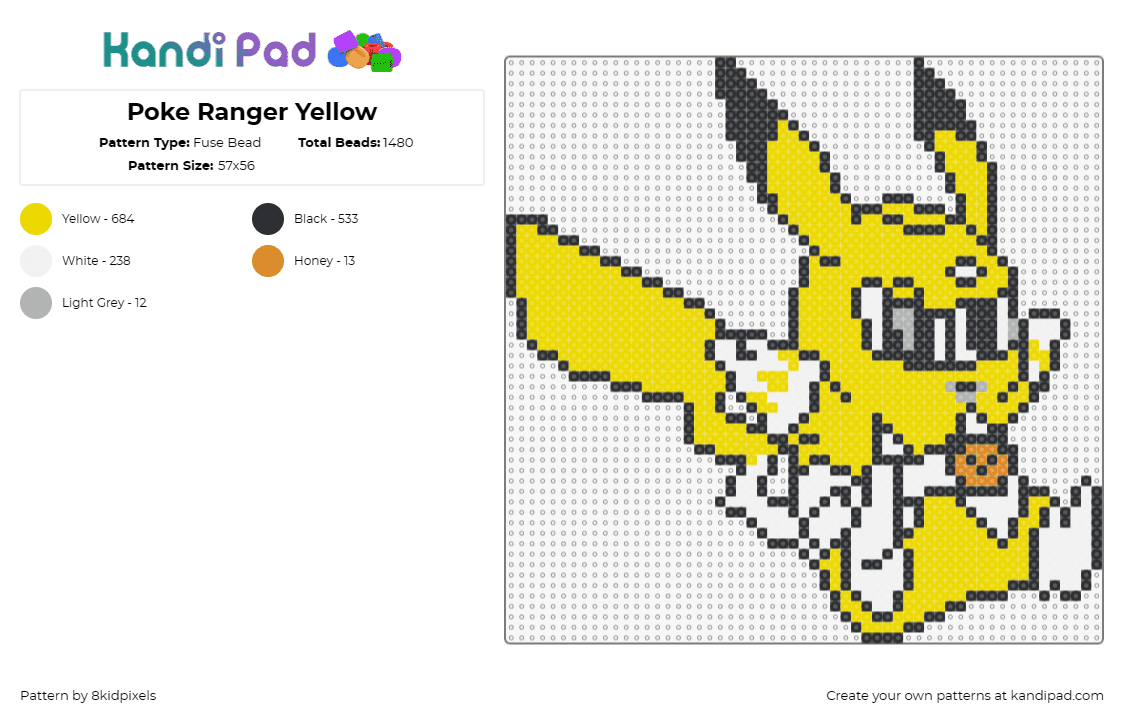 Poke Ranger Yellow - Fuse Bead Pattern by 8kidpixels on Kandi Pad - pikachu,power rangers,pokemon,mashup,nostalgia,character,costume,yellow