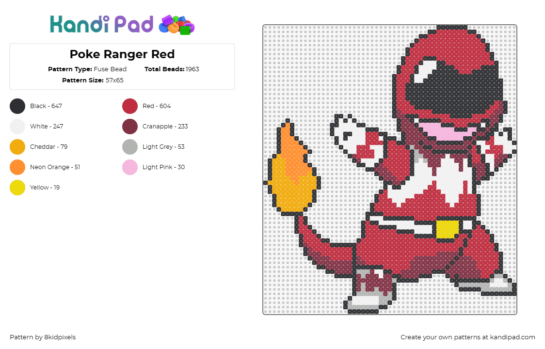 Poke Ranger Red - Fuse Bead Pattern by 8kidpixels on Kandi Pad - charmander,power rangers,pokemon,mashup,cute,nostalgia,character,costume,red