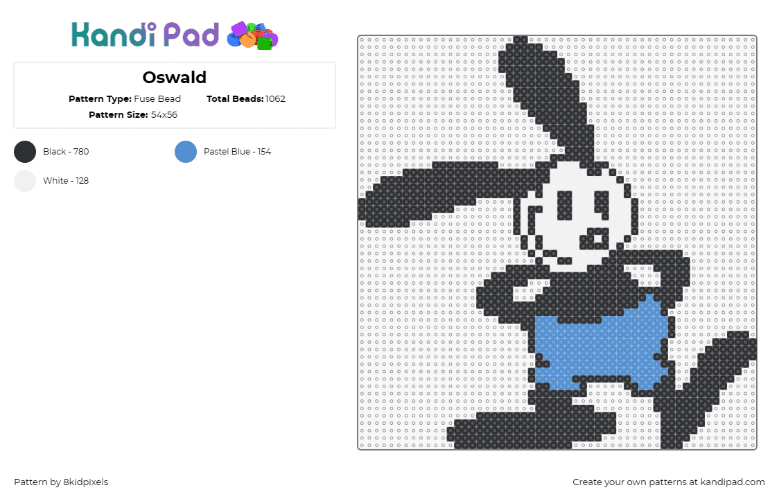 Oswald - Fuse Bead Pattern by 8kidpixels on Kandi Pad - oswald the lucky rabbit,disney,character,classic,black,blue,white