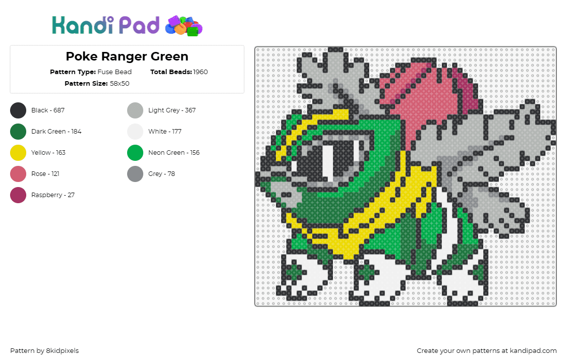 Poke Ranger Green - Fuse Bead Pattern by 8kidpixels on Kandi Pad - bulbasaur,power rangers,pokemon,mashup,nostalgia,character,costume,green,yellow,