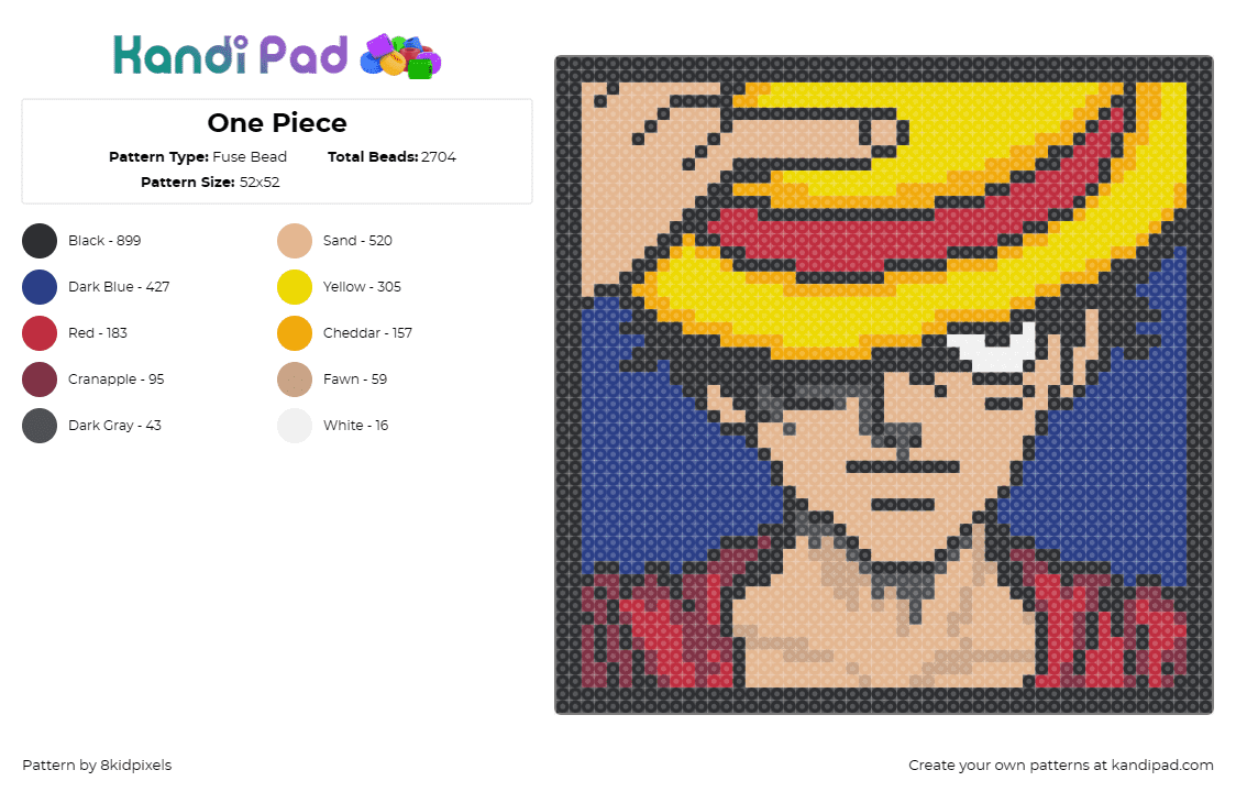 One Piece - Fuse Bead Pattern by 8kidpixels on Kandi Pad - one piece,monkey d luffy,straw hat,anime