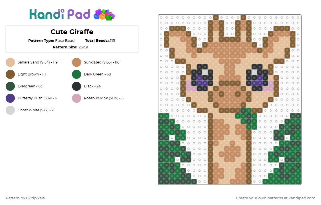 Cute Giraffe - Fuse Bead Pattern by 8kidpixels on Kandi Pad - giraffe,cute,eat,animal,mammal,safari,tan,beige