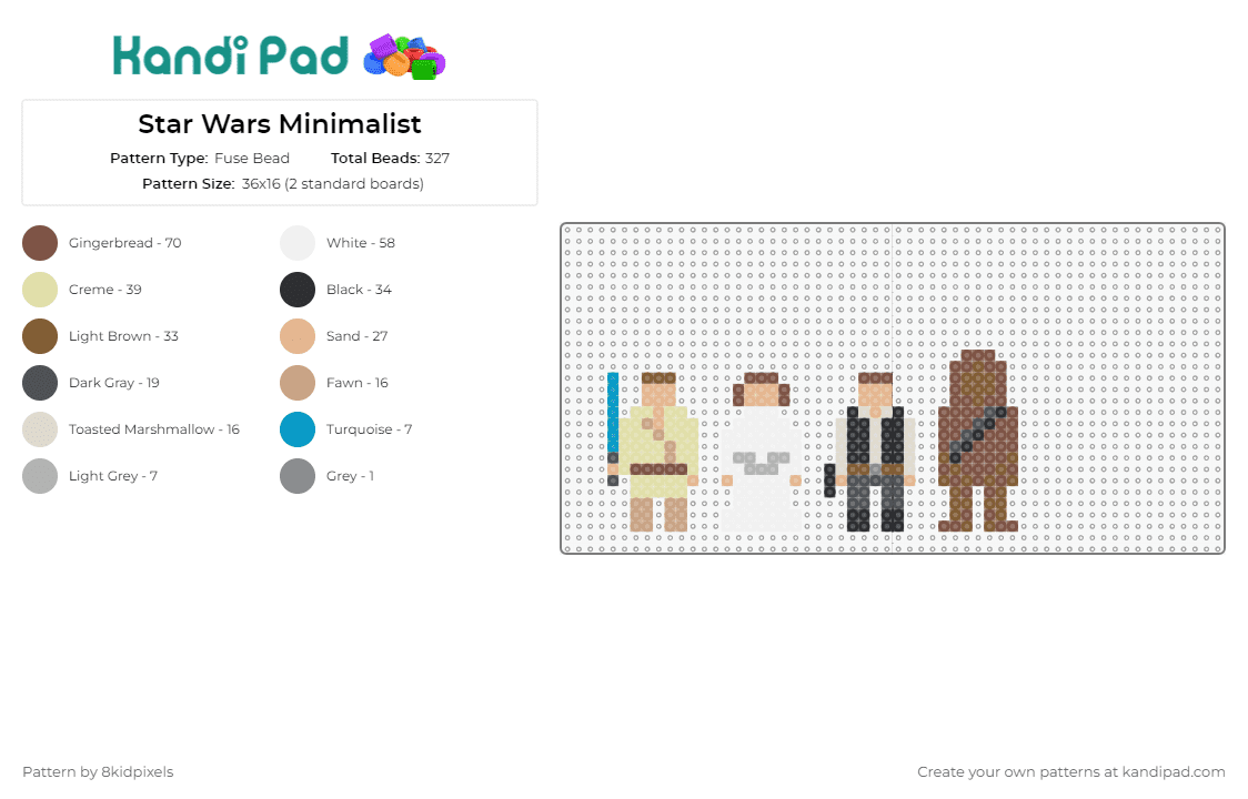 Star Wars Minimalist - Fuse Bead Pattern by 8kidpixels on Kandi Pad - start wars,luke skywalker,chewbacca,han solo,princess leia