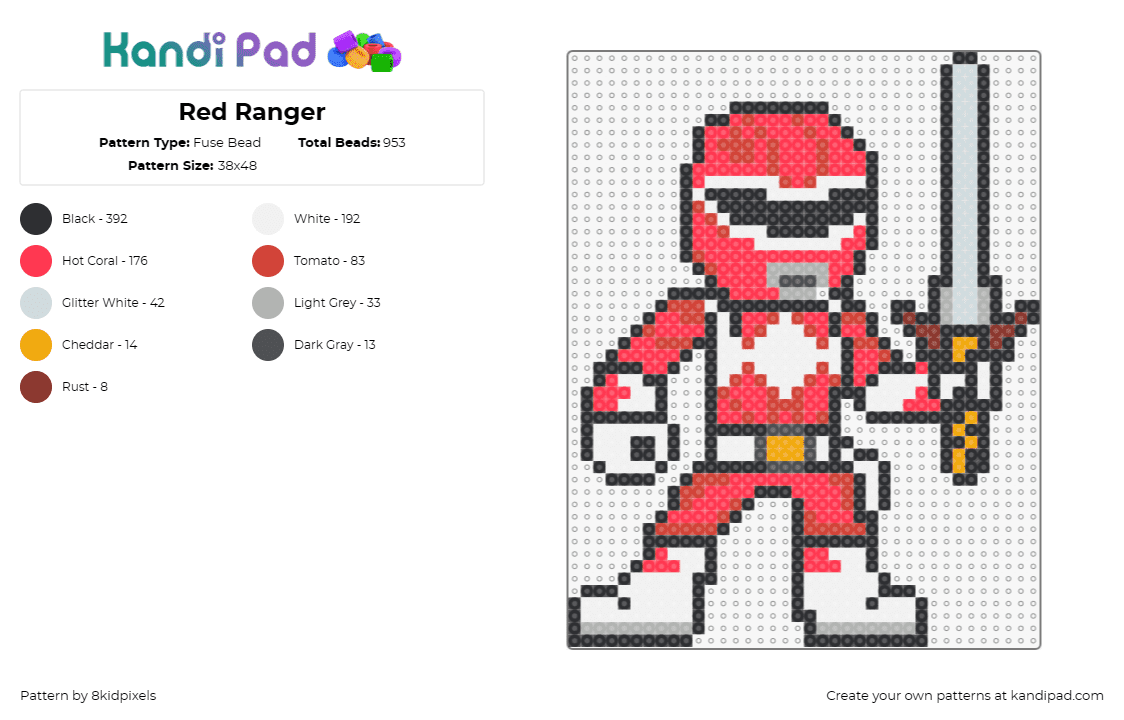 Red Ranger - Fuse Bead Pattern by 8kidpixels on Kandi Pad - power rangers,red,sword,weapon,character,tv show,classic,nostalgia,martial arts,