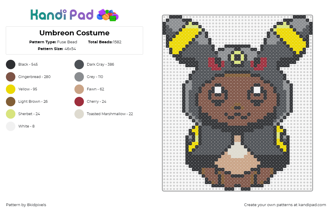 Umbreon Costume - Fuse Bead Pattern by 8kidpixels on Kandi Pad - umbreon,eevee,costume,pokemon,character,cute,gaming,brown,gray,black