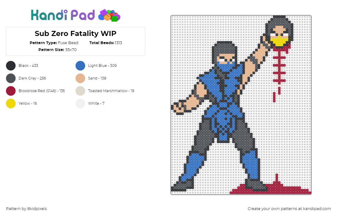 Sub Zero Fatality - Fuse Bead Pattern by 8kidpixels on Kandi Pad - sub zero,fatality,mortal kombat,bloody,gore,head,video game,blue,red