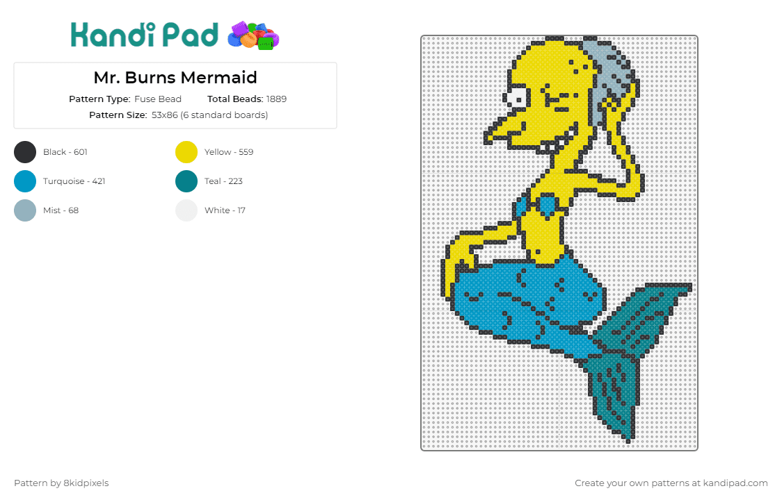 Mr. Burns Mermaid - Fuse Bead Pattern by 8kidpixels on Kandi Pad - mr burns,mermaid,simpsons,cartoon,whimsical,playful,reimagined,sea creature,humor,iconic,yellow,blue