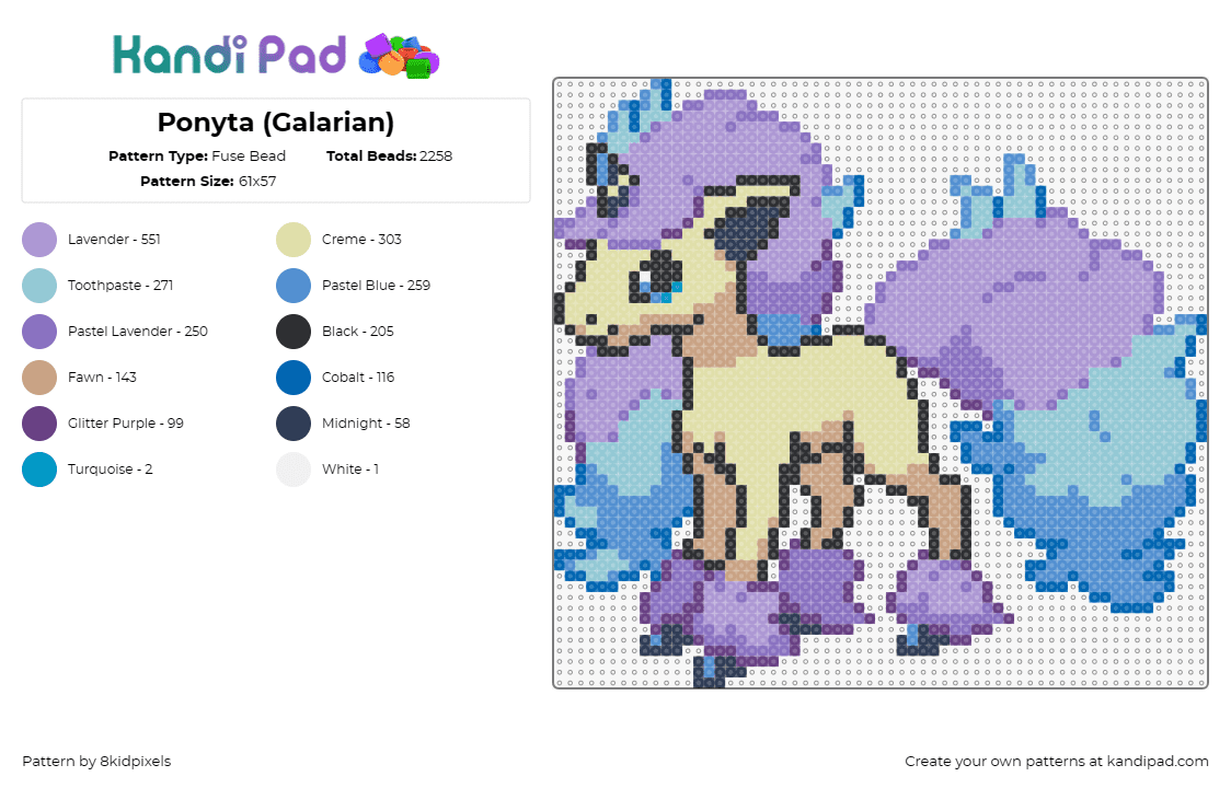 Ponyta (Galarian) - Fuse Bead Pattern by 8kidpixels on Kandi Pad - ponyta,pokemon,unicorn,cotton candy,character,gaming,cute,tan,purple,blue