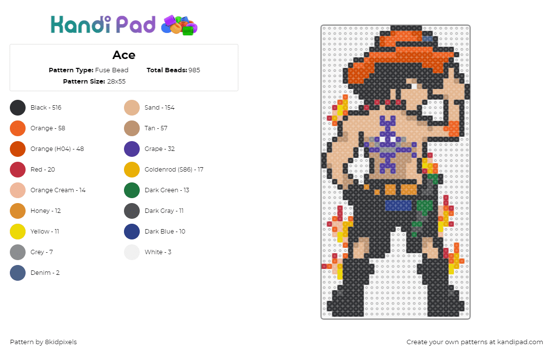 Ace - Fuse Bead Pattern by 8kidpixels on Kandi Pad - portgas d ace,one piece,character,flames,anime,tv show,tattoo,orange,tan,black