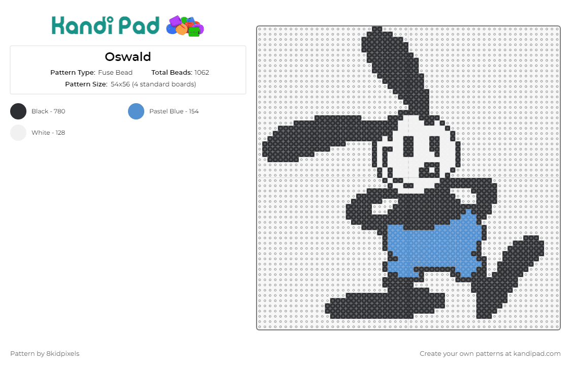 Oswald - Fuse Bead Pattern by 8kidpixels on Kandi Pad - oswald the lucky rabbit,disney