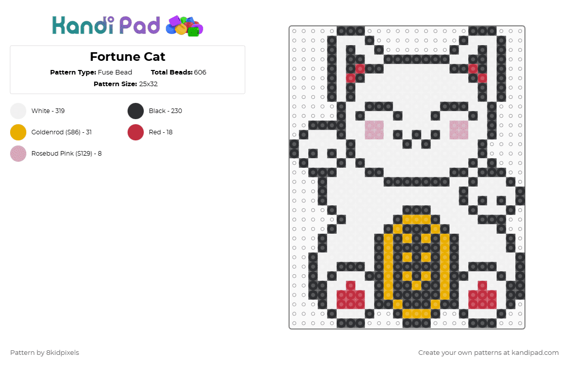 Fortune Cat - Fuse Bead Pattern by 8kidpixels on Kandi Pad - white,orange
