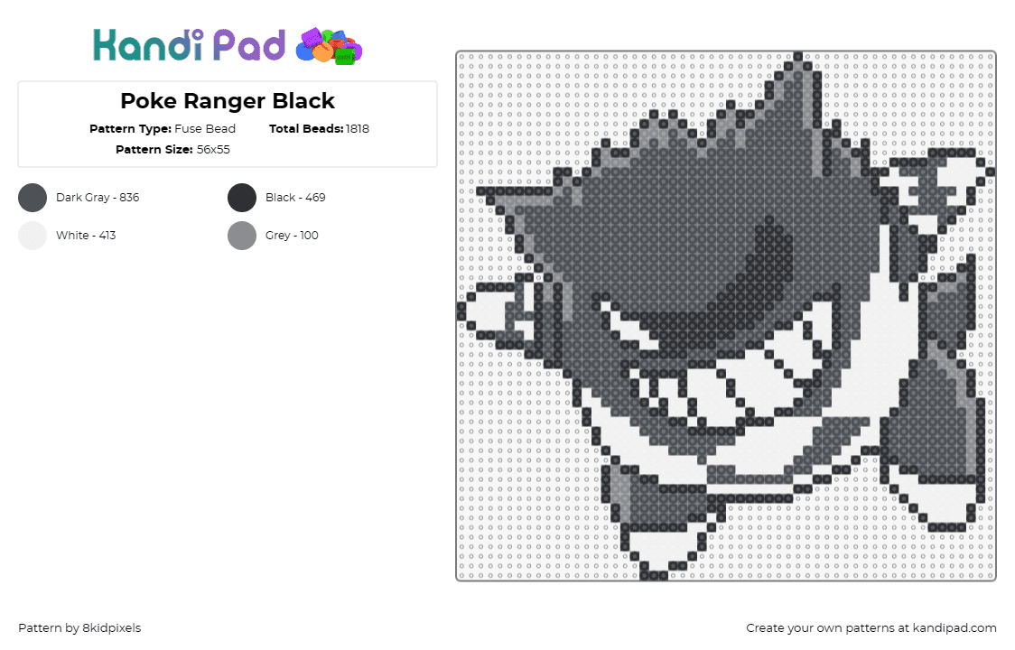 Poke Ranger Black - Fuse Bead Pattern by 8kidpixels on Kandi Pad - gengar,pokemon,power rangers,mashup,costume,halloween,character,gaming,tv show,nostalgia,black,white