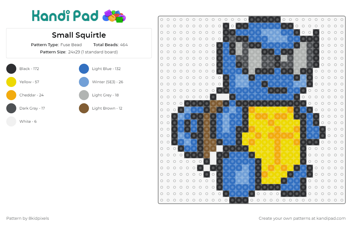 Small Squirtle - Fuse Bead Pattern by 8kidpixels on Kandi Pad - squirtle,pokemon,sunglasses,cool,starter,gaming,character,blue,yellow