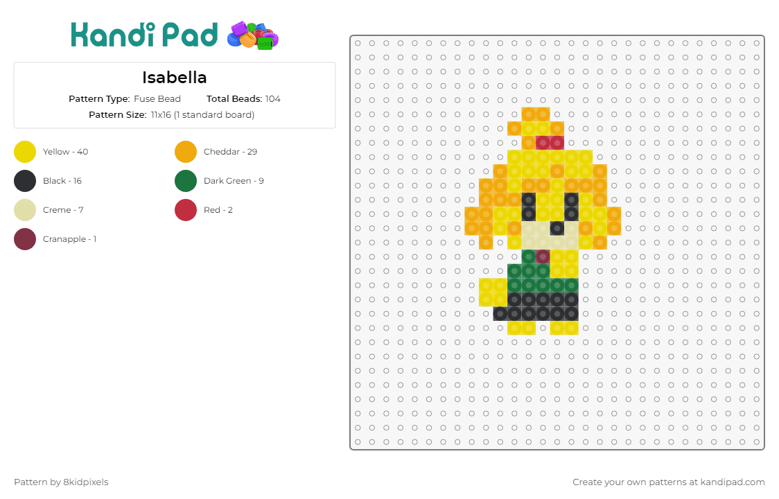 Isabella - Fuse Bead Pattern by 8kidpixels on Kandi Pad - isabelle,animal crossing,video game,character,yellow,green,friendly,whimsy,cheerful,yellow