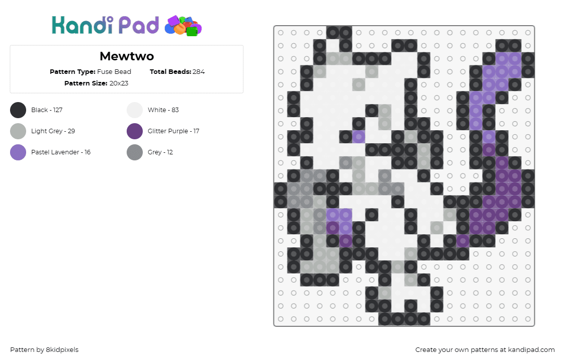 Mewtwo - Fuse Bead Pattern by 8kidpixels on Kandi Pad - mewtwo,pokemon,character,gaming,white,purple