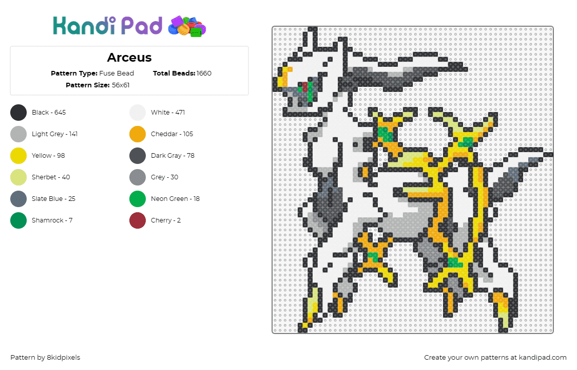 Arceus - Fuse Bead Pattern by 8kidpixels on Kandi Pad - arceus,pokemon,mythical,creature,gaming,horse,white,yellow