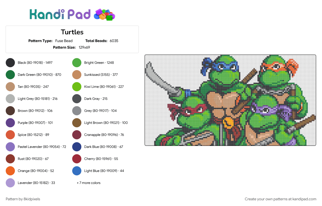 Turtles - Fuse Bead Pattern by 8kidpixels on Kandi Pad - beige, green, tan, teenage mutant ninja turtles, tmnt