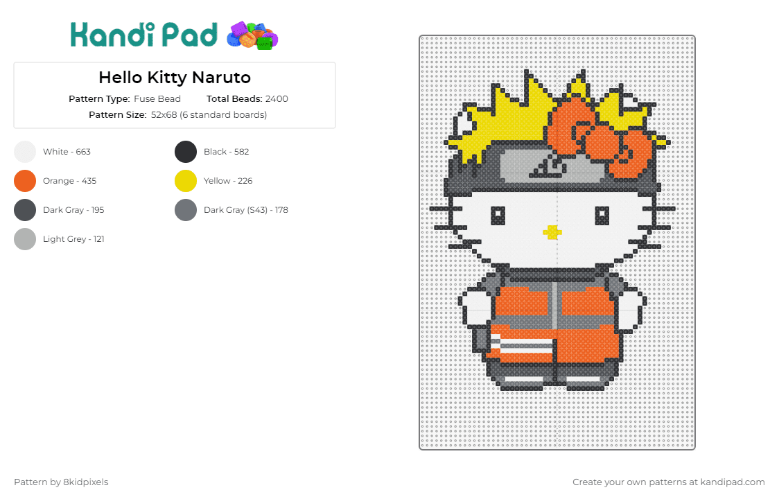 Hello Kitty Naruto - Fuse Bead Pattern by 8kidpixels on Kandi Pad - hello kitty,sanrio,naruto,anime,mashup,character,white,orange,gray
