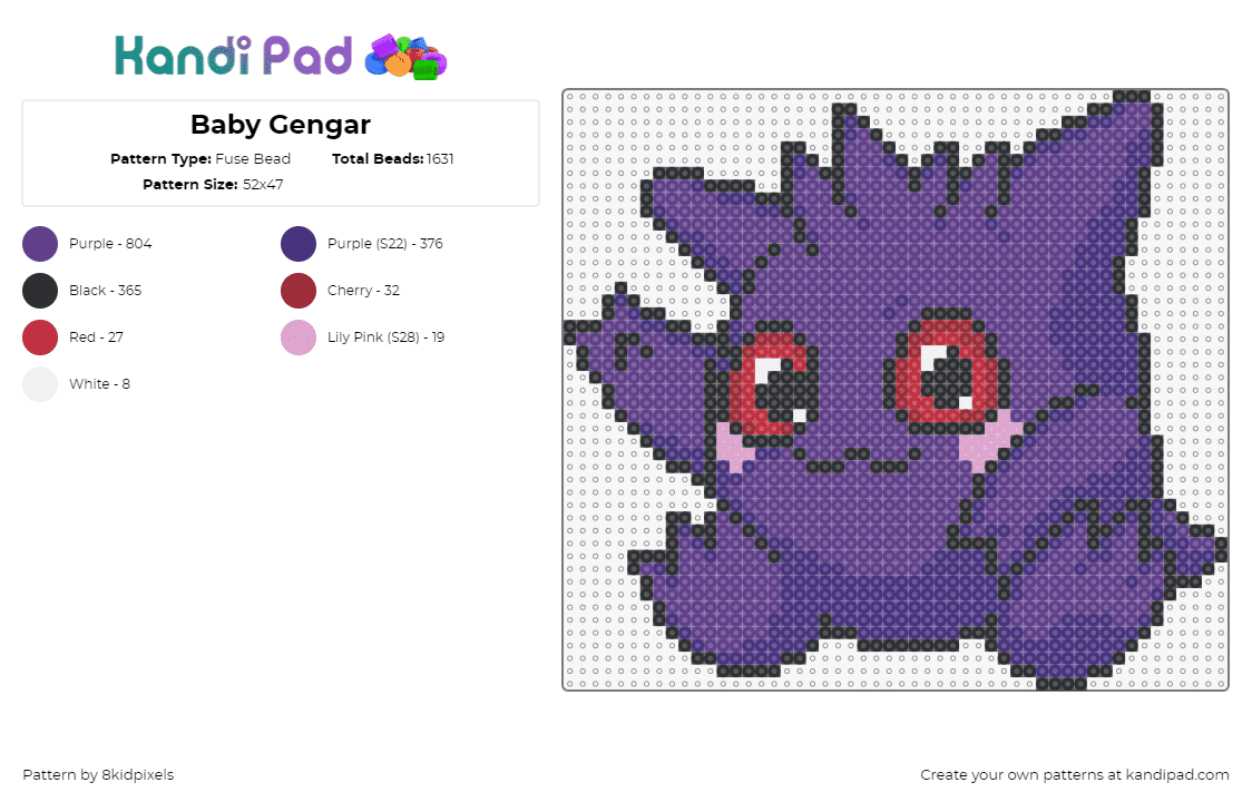 Baby Gengar - Fuse Bead Pattern by 8kidpixels on Kandi Pad - gengar,pokemon,baby,cute,character,gaming,kawaii,purple,red