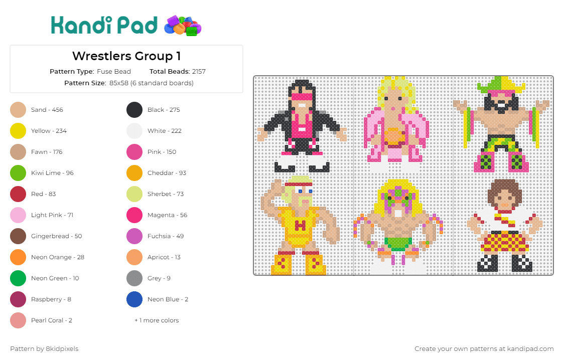 Wrestlers Group 1 - Fuse Bead Pattern by 8kidpixels on Kandi Pad - wrestling,hulk hogan,rick flair,characters,chibi,beige,yellow,pink