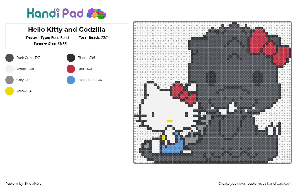 Hello Kitty and Godzilla - Fuse Bead Pattern by 8kidpixels on Kandi Pad - hello kitty,godzilla,sanrio,kawaii,monster,cute.bows,characters,gray,white,red