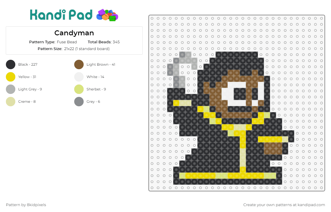Candyman - Fuse Bead Pattern by 8kidpixels on Kandi Pad - candyman,horror,iconic,thrilling,spine-chilling,menacing,character,crafty,black,yellow,brown