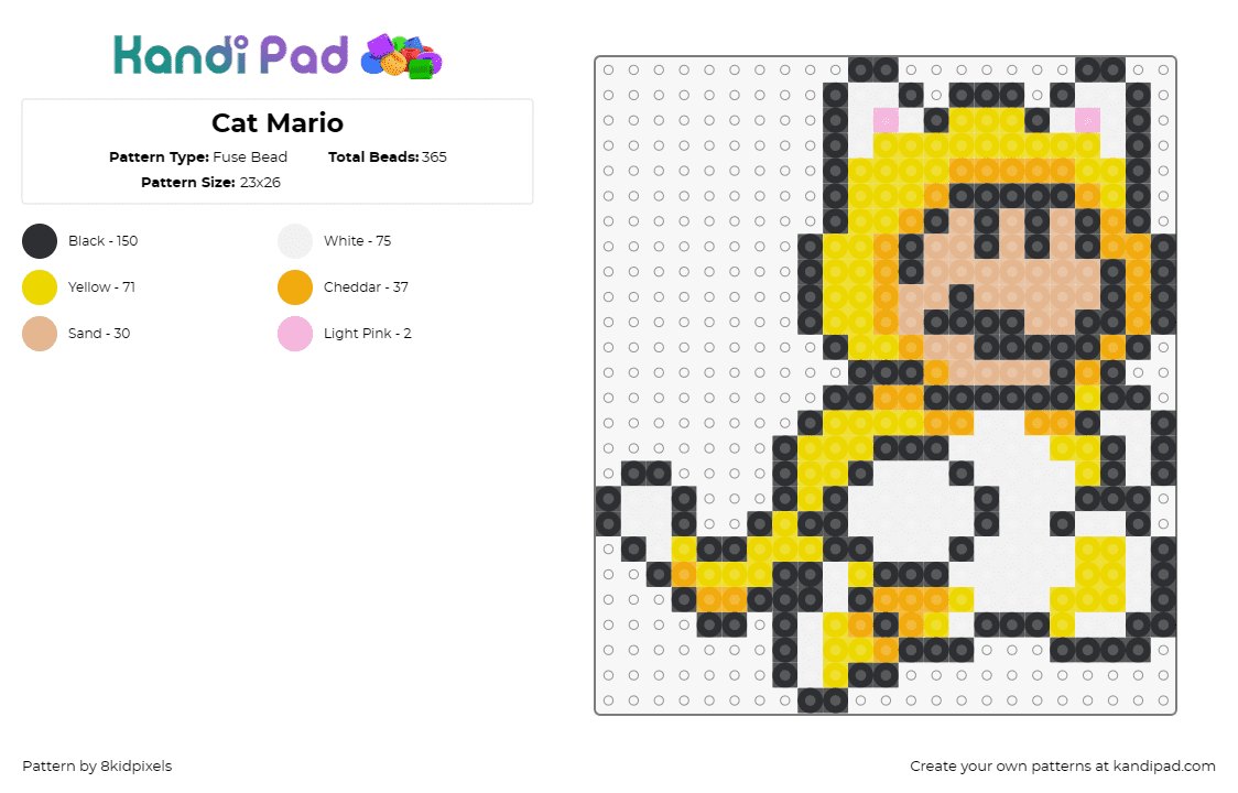 Cat Mario - Fuse Bead Pattern by 8kidpixels on Kandi Pad - mario,nintendo,video game,cat,costume,character,yellow,white