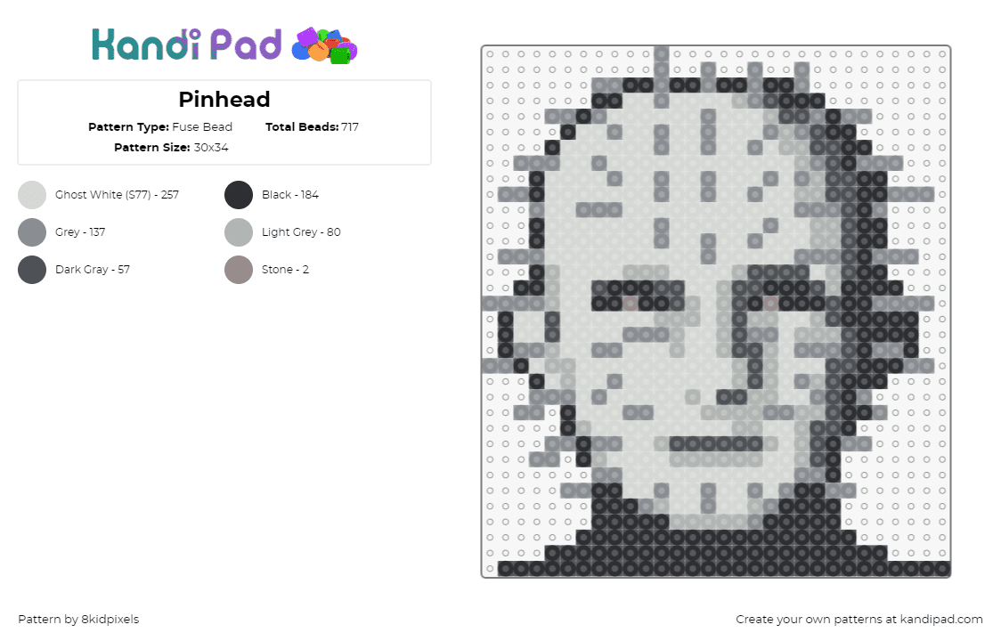 Pinhead - Fuse Bead Pattern by 8kidpixels on Kandi Pad - pinhead,hellraiser,horror,portrait,halloween,spooky,scary,gray,black