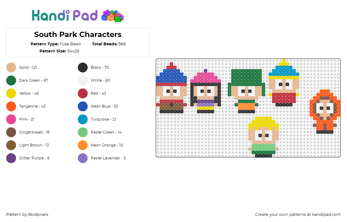 South Park Characters - Fuse Bead Pattern by 8kidpixels on Kandi Pad - south park,kenny,kyle,butters,cartman,stan,heidi,characters,tv show,animation,co