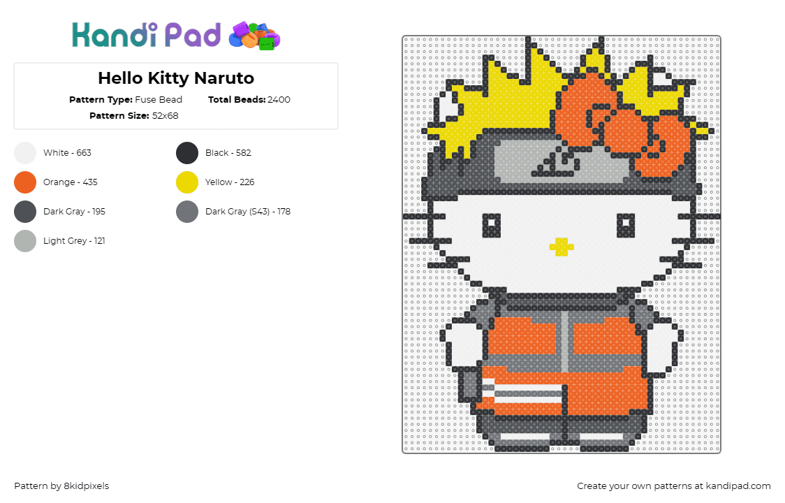 Hello Kitty Naruto - Fuse Bead Pattern by 8kidpixels on Kandi Pad - hello kitty,sanrio,naruto,anime,mashup,character,white,orange,gray