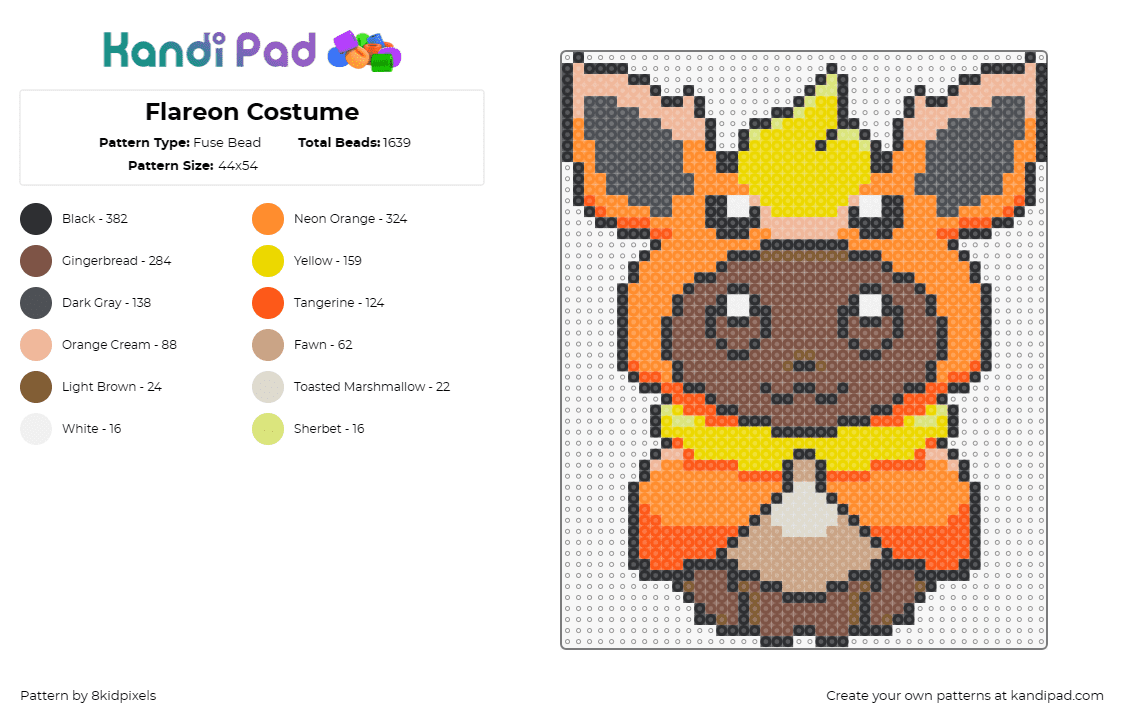 Flareon Costume - Fuse Bead Pattern by 8kidpixels on Kandi Pad - flareon,eevee,costume,pokemon,character,cute,gaming,brown,orange