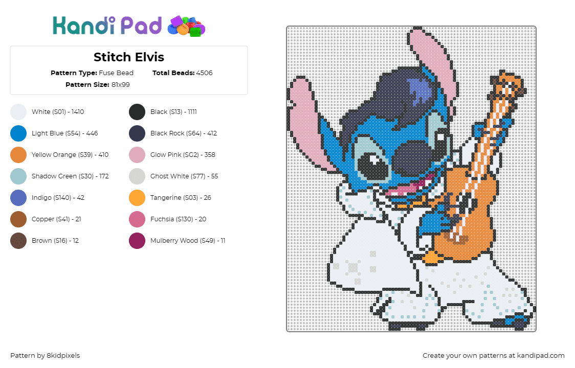 Stitch Elvis - Fuse Bead Pattern by 8kidpixels on Kandi Pad - stitch,elvis,mashup,costume,disney,lilo and stitch,guitar,music,cute,character,m