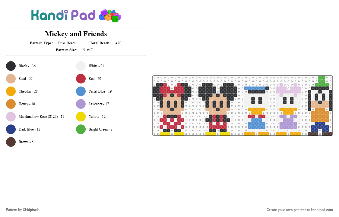 Mickey and Friends - Fuse Bead Pattern by 8kidpixels on Kandi Pad - red,beige,orange,pink