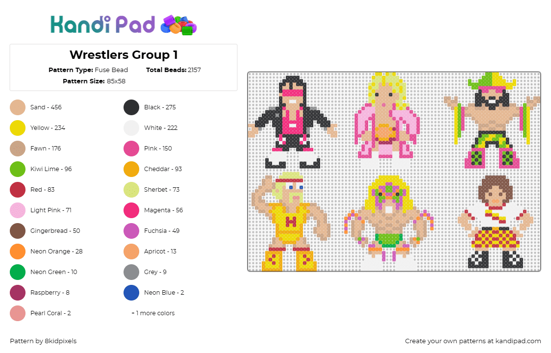 Wrestlers Group 1 - Fuse Bead Pattern by 8kidpixels on Kandi Pad - wrestling,hulk hogan,rick flair,characters,chibi,beige,yellow,pink