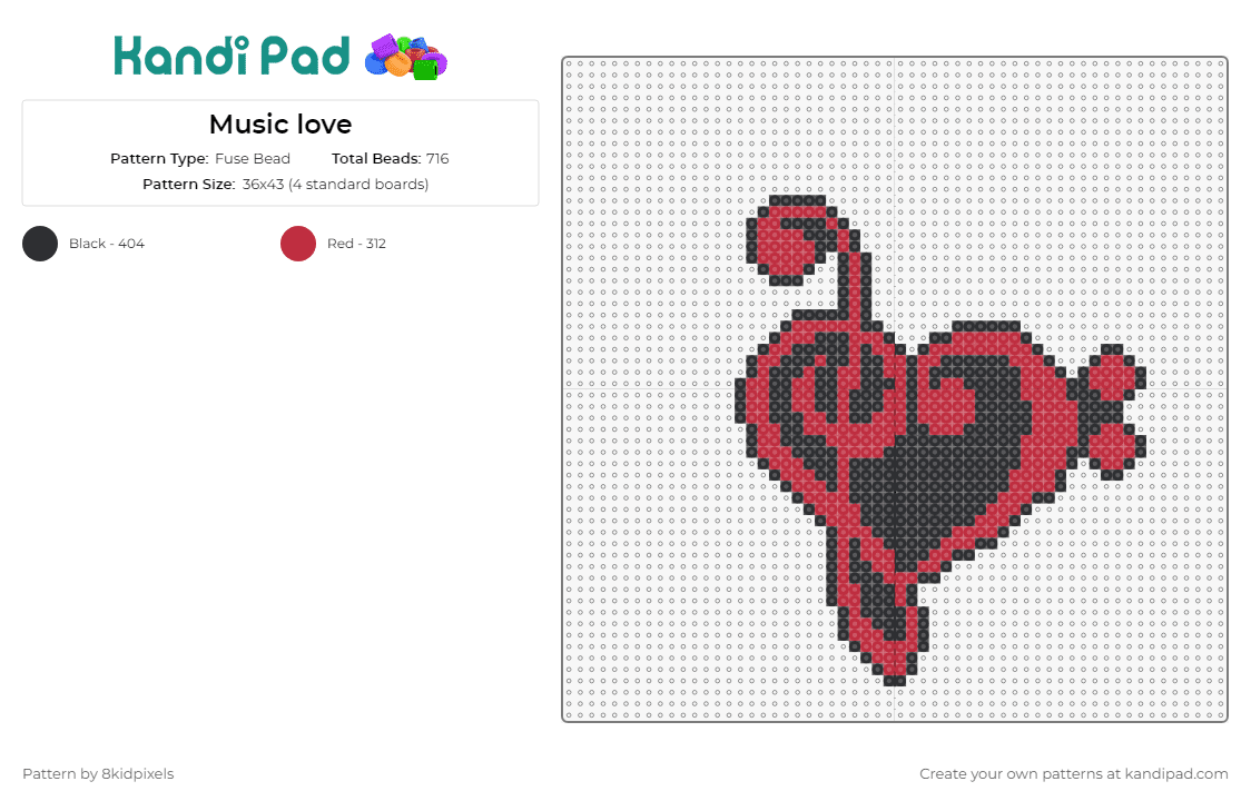 Music love - Fuse Bead Pattern by 8kidpixels on Kandi Pad - music,treble,bass,heart,clef,love,red,black