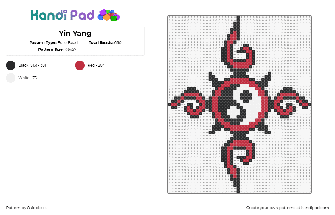 Yin Yang - Fuse Bead Pattern by 8kidpixels on Kandi Pad - yin yang,zen,balance,harmony,peace,spiritual,symbolic,meditation,red