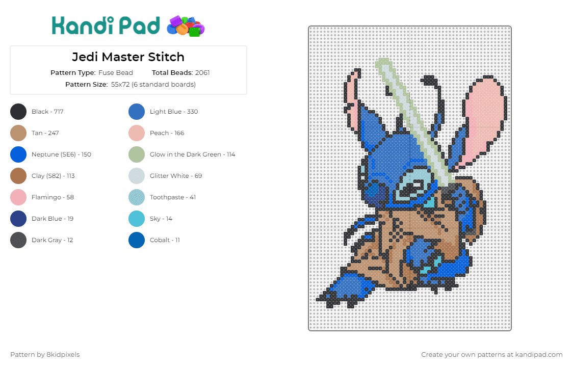 Jedi Master Stitch - Fuse Bead Pattern by 8kidpixels on Kandi Pad - stitch,star wars,lilo and stitch,crossover,character,sci-fi,mashup,blue