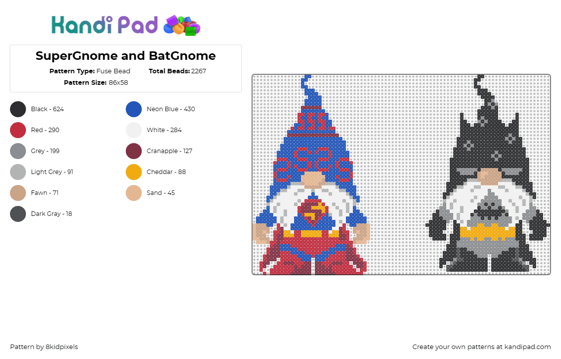 SuperGnome and BatGnome - Fuse Bead Pattern by 8kidpixels on Kandi Pad - gnome,superman,batman,superhero,dc comics,marvel,characters,funny,black,blue