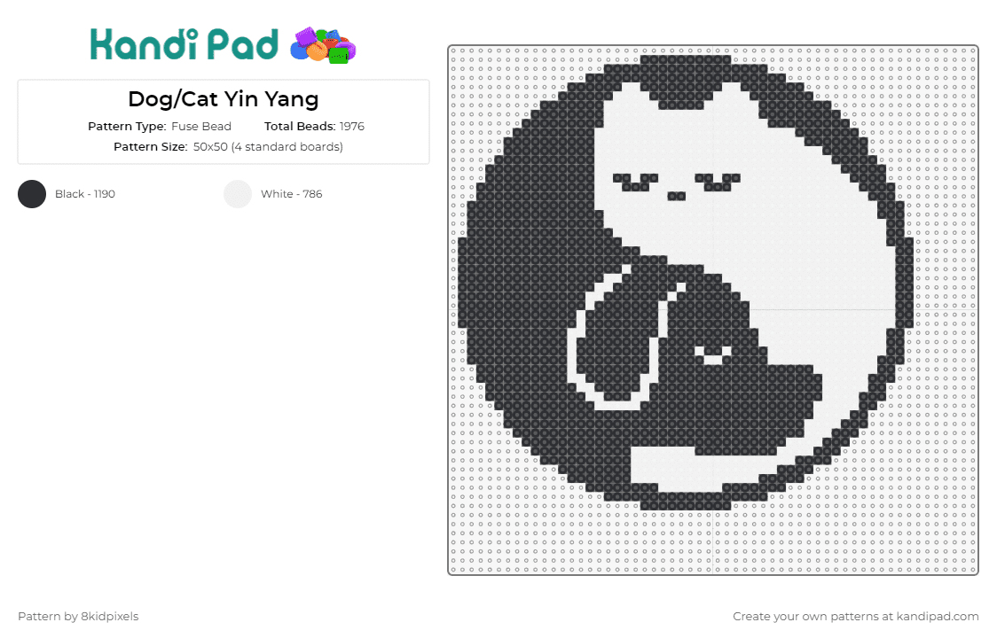 Dog/Cat Yin Yang - Fuse Bead Pattern by 8kidpixels on Kandi Pad - yin yang,dog,cat,animal,harmony,balance,unity,silhouettes,symbolic,elegant,black,white