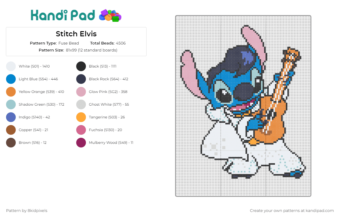 Stitch Elvis - Fuse Bead Pattern by 8kidpixels on Kandi Pad - stitch,lilo and stitch,elvis,guitar