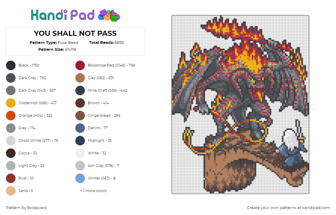 YOU SHALL NOT PASS - Fuse Bead Pattern by 8kidpixels on Kandi Pad - lotr,lord of the rings,dragon,wizard,gandalf,book,story,movie,fantasy,fiery,brown,gray,orange